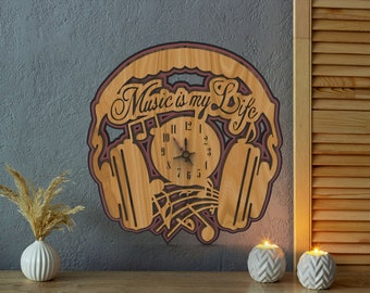 Arquivo de corte digital para criar Headphone Clock multicamadas com madeira nos formatos svg, ai, dwg e dxf - 5 camadas