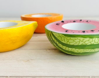 Vintage Frucht Kerzenhalter / Partylite Brand Teelichthalter Wassermelone, Zitrone und Orange / Fruchtig Spaß Dekor