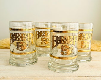 Vintage 4-Set Beer Mugs / 1970’s Culver, Gold Embossed “5 Cent” Drinking Glass Mugs