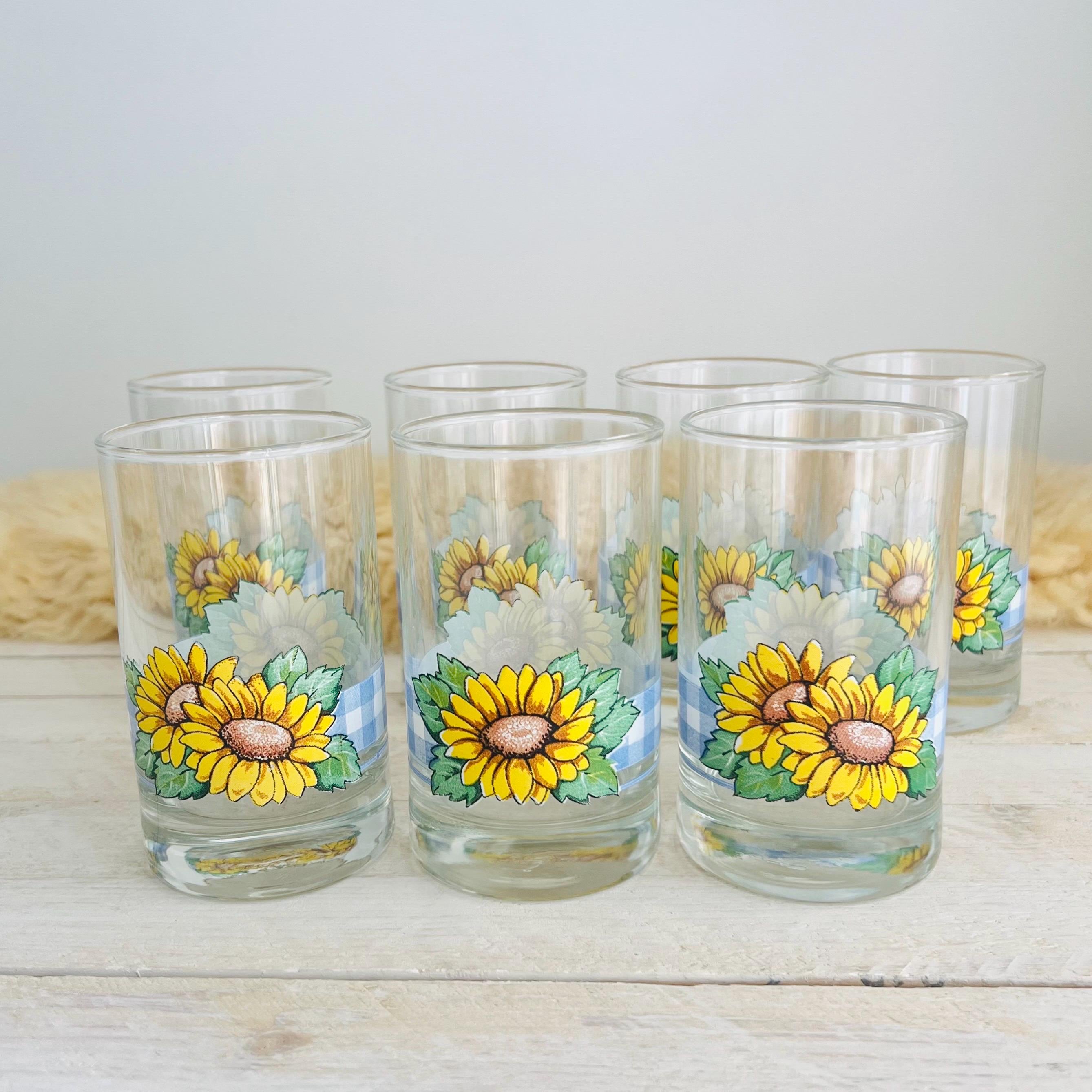 Vintage Corelle Sunflower Glasses / Set of 7 Drinking Cups / Cottage Decor / Blue & White Gingham Stripe