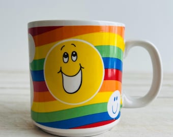 Vintage Smiley Face & Rainbow Mug / Cute Mug by Russ / Happy Face, Colourful Kitchen Mug