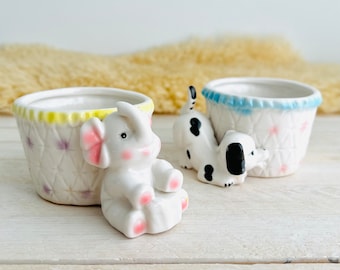 Mignons bougeoirs ou plantes vintage / Mini pots en céramique pastel éléphant et chien / Décoration animalière rétro