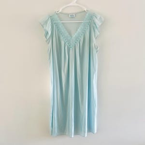Vintage Ice Blue Nightie / Movie Star Brand Nightgown / Sheer V Neck with Flutter Sleeve