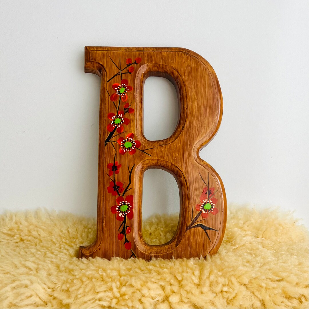 Vintage Hand Painted Metal Letter B Wall Hanging / Faux Wood Painted
