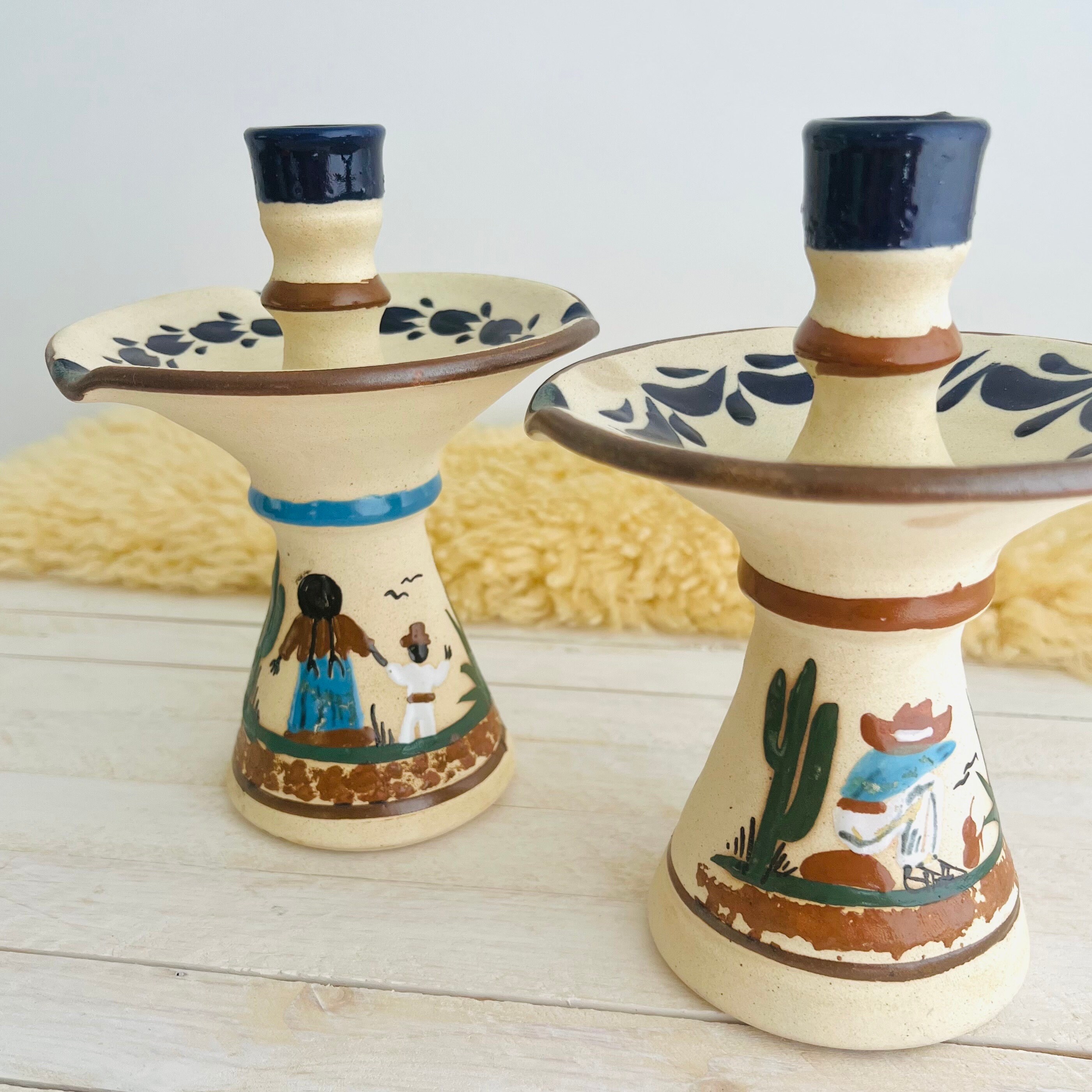Vintage Mexican Pottery Candle Holders / Ceramic Set of 2 Candle