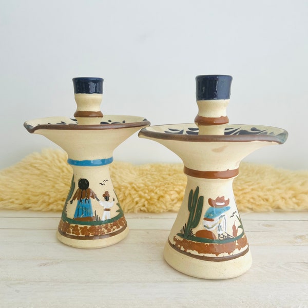 Vintage Mexican Pottery Candle Holders / Ceramic Set of 2 Candle Holders / Hand Painted Cactus, Mother and Child