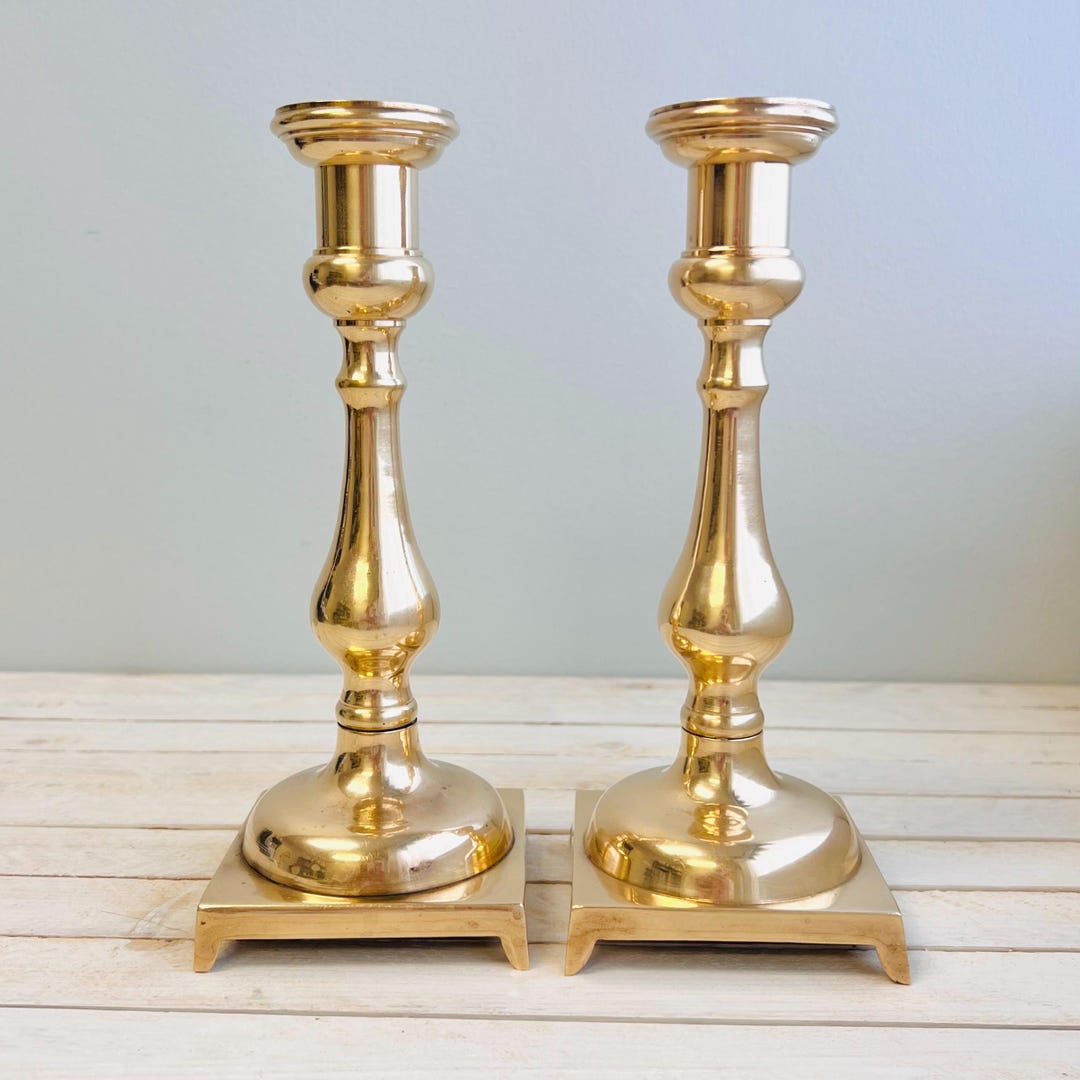 Vintage Brass Candlestick Holders / Set of 2 Tall Polished Brass Metal ...