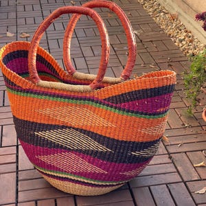 Cesta grande tejida a mano - Bolga Basket - U-Shopper con asa de cuero - de Bolgatanga - Ghana - África - cesta de compras cesta de picnic