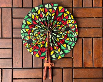 African fans with handles / fabric fans with leather handles - handmade, waxed fabric, colorful round fans from Ghana