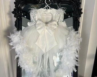 Robe de baptême en plumes pour bébé, robe de baptême avec traine, robe de mariée rose poudré, robe en tulle pour bébé, tenue de shower de bébé