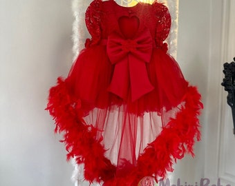 Robe en tulle rouge pour enfant en bas âge avec traine de plumes, robe de chambre formelle bouffante pour bébé, robe de séance photo, robe d'anniversaire de fille en tulle, cadeau fille