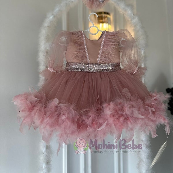 Formal Dusty Pink dress with feathers for girls, Toddler Girl gown, Dusty Pink tulle girl dress, Fancy dress girl, Gift for girl, Baptism