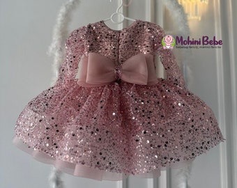 Powder pink sequin girl dress, Formal Gold princess gown, Photo girl pink outfit, 1st Birthday Dress, Fancy baby dress, Wedding girl dress