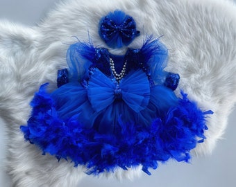 Robe bleu foncé à sequins en plumes pour mariage, robe en plumes de bébé fille pour une occasion spéciale, robe d'anniversaire pour fille, robe en tulle pour tout-petit