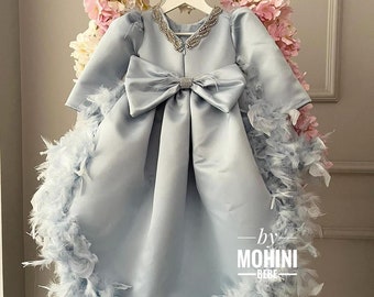 Train robe fantaisie plumes bleu bébé, histoire de robe de mariée, robe de soirée pour enfants, robe de baptême de bébé, robe de soirée pour bébé fille