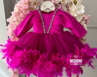 Belle robe de fille de plumes de fleurs fuchsia, robe de princesse d'anniversaire de fille, robe de fille de tulle bouffante, robe de mariée de fille, cadeau pour les filles