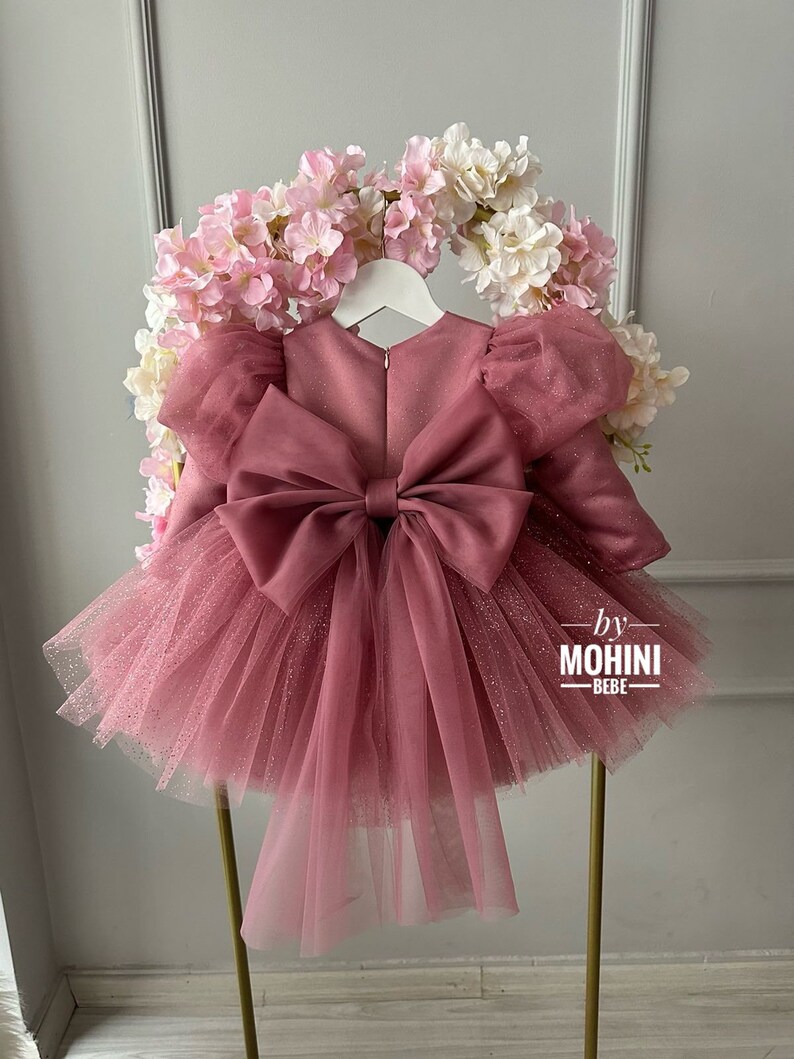 Dusty rose pink glitter girl dress with gold sequin bow , Puffy sparkling toddler dress, Formal baby dress, Pageant and wedding girl dress, shiny dress outfit for babies, prom girl dress, birthday party, special girl guest, princess dress, baptism