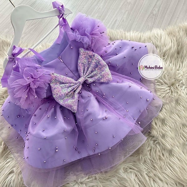 Fancy dress for girls in lilac pearl tulle with lilac sequin bow, Birthday girl gown, Lilac wedding baby dress, Toddler puffy lilac outfit