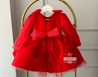 Robe de soirée rouge perlée pour bébé fille, robe de mariage pour enfant en bas âge, robe d'anniversaire de fille, robe de fille de séance photo, style robe de bal pour fille, cadeau fille