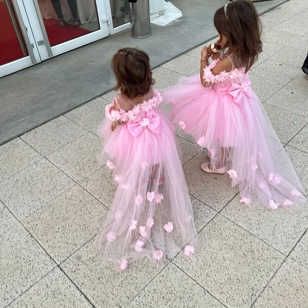 Pink Flowered Train girl dress, Flower girl gown, Long train toddler dress, Off shoulder dress baby girl, Pink gown for kids, Gift for girls