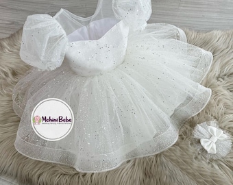 Robe blanche scintillante formelle pour fille, robe de princesse pour petite fille, robe de baptême pour bébé, robe de bal royale, robe de baptême, robe de 1er anniversaire