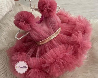 Stoffige roze sprankelende meisjesjurk met gouden pailletten, gezwollen sprankelende peuterjurk, formele babyoutfit, optocht en bruidsmeisjejurk