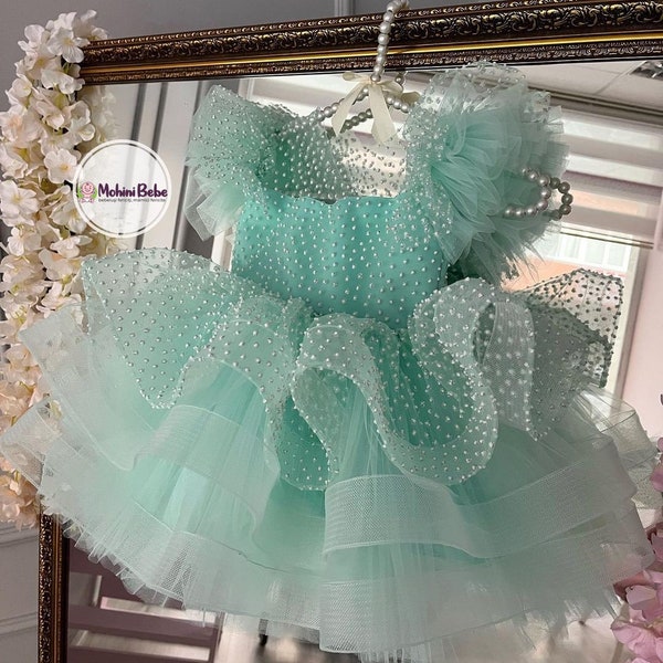 Fancy turquoise tulle pearl bubbles dress for girls, 1st birthday girl dress, Turquoise Tutu pearl baby dress, Puffy girl dress, Toddler