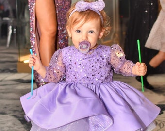 Parfaite robe lilas pour fille à sequins, robe lilas gonflée, robe bébé fantaisie lilas, séance photo, adorable robe lilas, tenue de 1er anniversaire