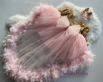 Vestido de novia rosa para niña con lentejuelas doradas, cola y plumas, Vestido de niña para ocasión especial, Vestido de cumpleañera, Regalo único para niña