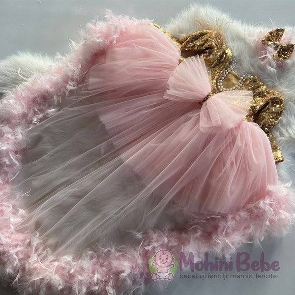 Wedding pink girl dress with gold sequins, train and feathers, Girl dress for special occasion, Birthday girl dress, Unique girl gift