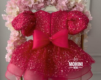 Élégante robe de fillette bouffante à sequins fuchsia, robe de princesse brillante, tenue de bébé fuchsia, 1er anniversaire, robe de mariée pour fille, tenue de fêtarde