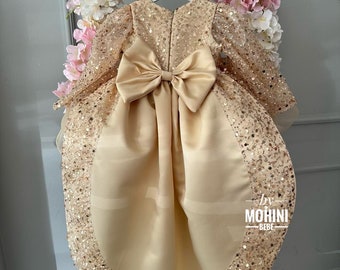 Luxury formal gold sequin toddler girl train dress, Fancy Puffy baby dress, Gold party blush dress girl, Birthday sparkly girl ballgown