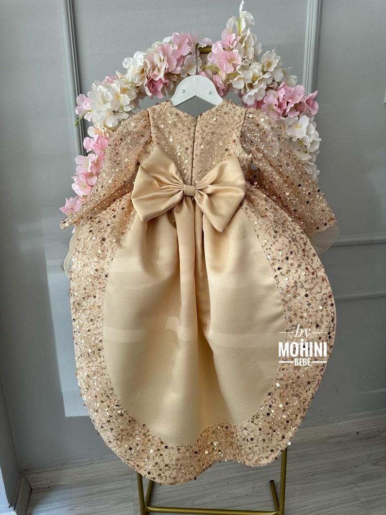 Formal puffy ruffled baby golden sequins dress. Shiny baby train dress, Baby Fancy Girl Dress, Birthday girl dress, Baby party dress, Toddler dress, wedding gold toddler dress, baby clothing gift, 1st birthday girl dress, sparkling baby tale dress