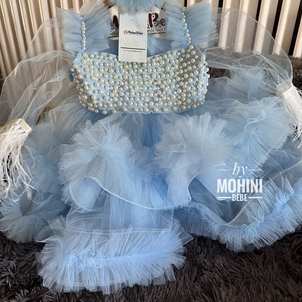 Robe de demoiselle d'honneur de mariage fantaisie en tulle bleu clair, robe d'anniversaire de fille, robe pour tout-petit pour une occasion spéciale, tenue de bébé gonflée, robe de bal