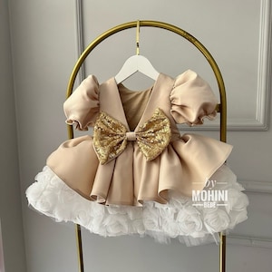 Elegant flower girl dress, Princess Shine Dress, Baby flowered outfit, 1st Birthday dress, Wedding gold girl gown, Baptism dress