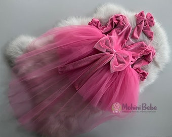 Fancy formal girl pink velvet dress, Train girl gown, Puffy Tulle girl dress, Photo shoot girl, Gift for girls, Velvet puffy toddler dress