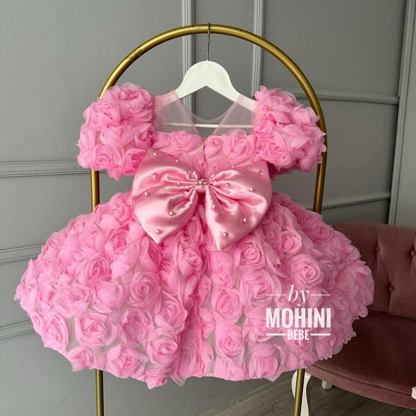 Pink flower girl dress with satin pearl ribbon, Birthday girl dress, Puffy toddler dress, Formal baby outfit, Pageant and wedding girl gown