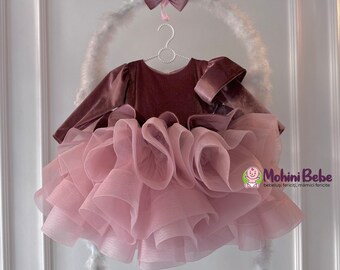 Robe pour fille à volants en velours rose poudré, tenue d'anniversaire pour fille, robe pour fillette en tulle gonflée, vêtements pour fille, cadeau unique pour les filles, cadeau pour fille de 1 an