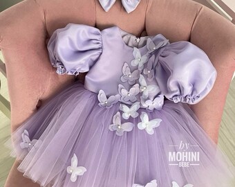 Robe lilas pour enfant en bas âge pour une occasion spéciale, robe élégante pour bébé fille, robe d'anniversaire pour bébé fille, robe fantaisie pour bébé, robe couture pour bébé