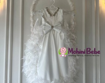 Robe de baptême pour bébé fille avec plumes, accessoires en argent et queue amovible, robe blanche pour enfant, robe de princesse, tenue de baptême