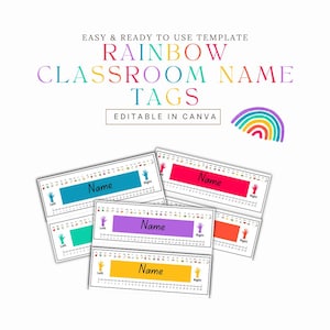 Pastell Boho Regenbogen bearbeitbare Klassenzimmer Namensschilder, Boho inspiriert, Schreibtisch Etiketten, Klassenzimmer Organisation, Canva