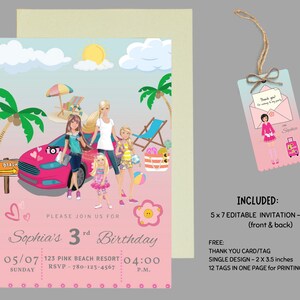Doll Beach Invitation, Pink Doll Invitation, Swim Party Invite