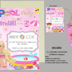 Doll Pool Party Invitation, Pink Doll Invitation, Swim Party Invite