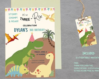 May include: A colorful dinosaur-themed birthday invitation with a green dinosaur wearing a party hat. The invitation says "It's a Three-Rex Celebration! Dylan's 3rd Birthday". The invitation includes the date, time, and location of the party.