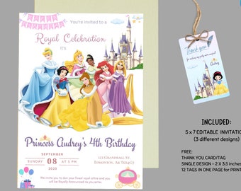 May include: Printable invitation for a princess-themed 4th birthday party. The invitation features a colorful illustration of Disney princesses, a castle, and a carriage. The text reads "You're invited to a Royal Celebration it's Princess Audrey's 4th Birthday".