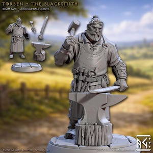 May include: A gray miniature figure of a blacksmith, Torben, with a hammer raised above an anvil. The figure is wearing an apron and goggles. Additional miniature tools and a base are also shown. The text "TORBEN + THE BLACKSMITH" is at the top.