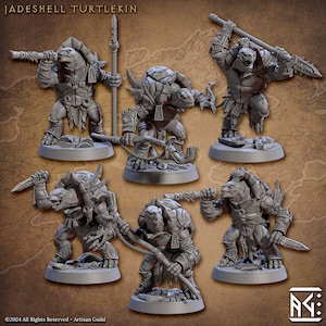 May include: Six grey painted miniature figurines of turtlekin warriors, each with a different weapon and pose. The figures are standing on round bases. The text "JADESHELL TURTLEKIN" is at the top of the image.
