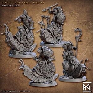 May include: Three grey, detailed miniature figurines of turtlekin riding snails. Each turtlekin is wearing armour and holding a weapon. The snails are detailed with shells and eyes. The figurines are on a brown background.