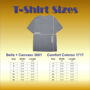 K&ouml;nnte beinhalten: Eine Tabelle mit T-Shirt-Gr&ouml;&szlig;en in Zoll f&uuml;r die Marken Bella + Canvas 3001 und Comfort Colors 1717. Die Tabelle listet die Gr&ouml;&szlig;en S, M, L, XL, 2XL, 3XL und 4XL mit den entsprechenden Breiten- und L&auml;ngenma&szlig;en auf.