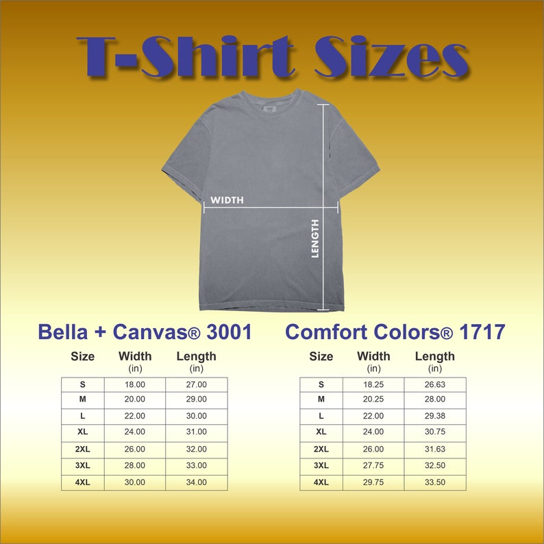 K&ouml;nnte beinhalten: Eine Tabelle mit T-Shirt-Gr&ouml;&szlig;en in Zoll f&uuml;r die Marken Bella + Canvas 3001 und Comfort Colors 1717. Die Tabelle listet die Gr&ouml;&szlig;en S, M, L, XL, 2XL, 3XL und 4XL mit den entsprechenden Breiten- und L&auml;ngenma&szlig;en auf.